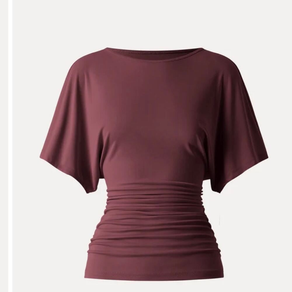 OGL Move Ruched Side Short Sleeve Top Burgundy Sustainable Stretch Size XS